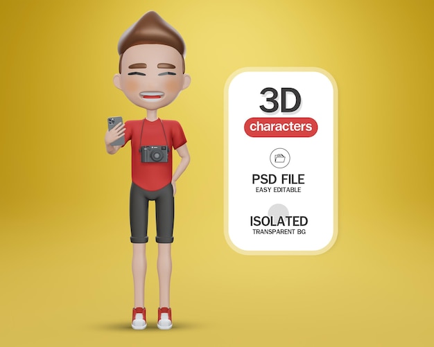 3d render jongen stripfiguur in rood shirt en zwarte broek jongen houdt mobiele telefoon