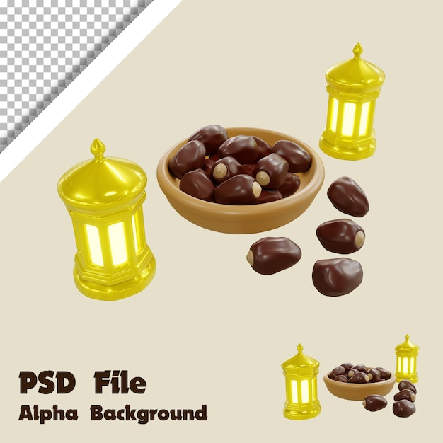 3d Render Jug of Dates and Arabic Lantern with Alpha Background