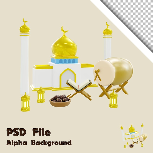 3d Render Jug of Dates and Quran and Bedug Drum and Mosque and Arabic Lantern with Alpha Background