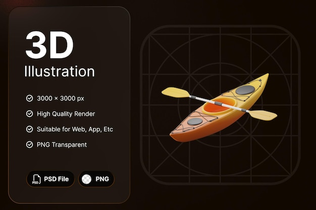 PSD 3dレンダリング カヤック アウトドア アドベンチャー コンセプト モダン アイコン イラスト デザイン