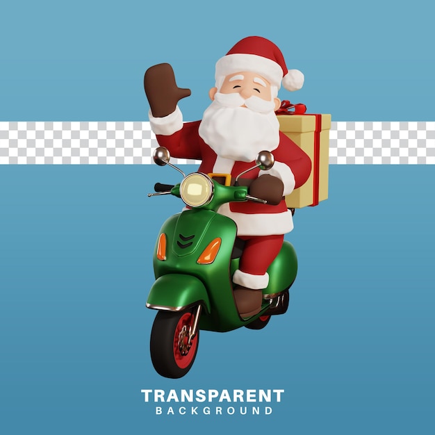 3D render kerst concept illustratie santa scooter rijden en het leveren van cadeau