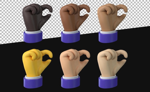 3D render kleine beetje of grootte hand pictogrammen met verschillende huidtinten in cartoon zakelijke stijl