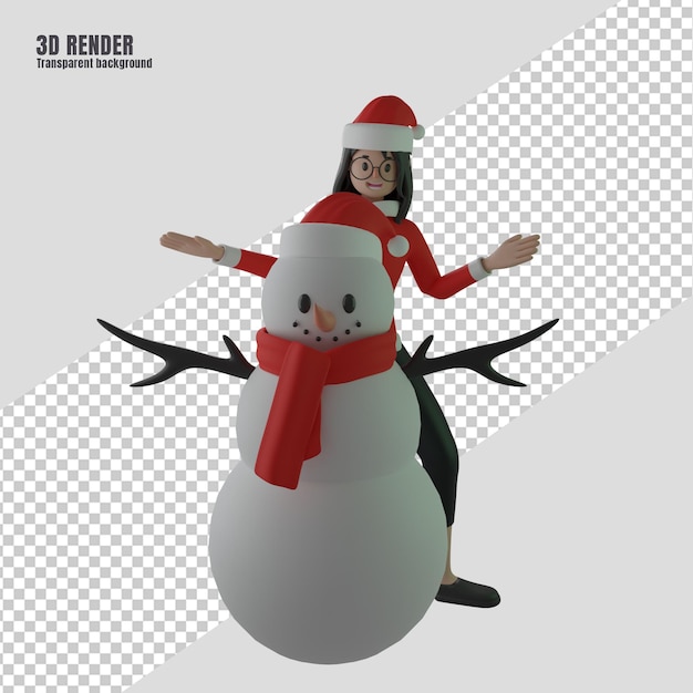 3d render kobiecej postaci z kostiumem Świętego Mikołaja i bałwanem