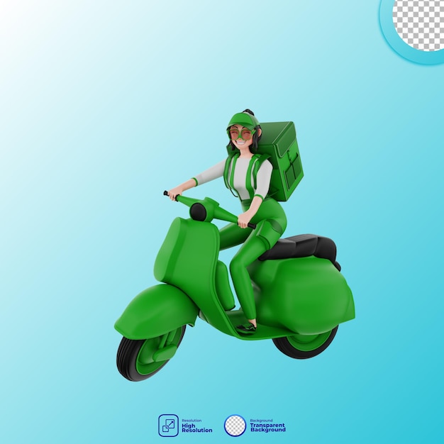 3d render koerier met bezorgtas en scooter