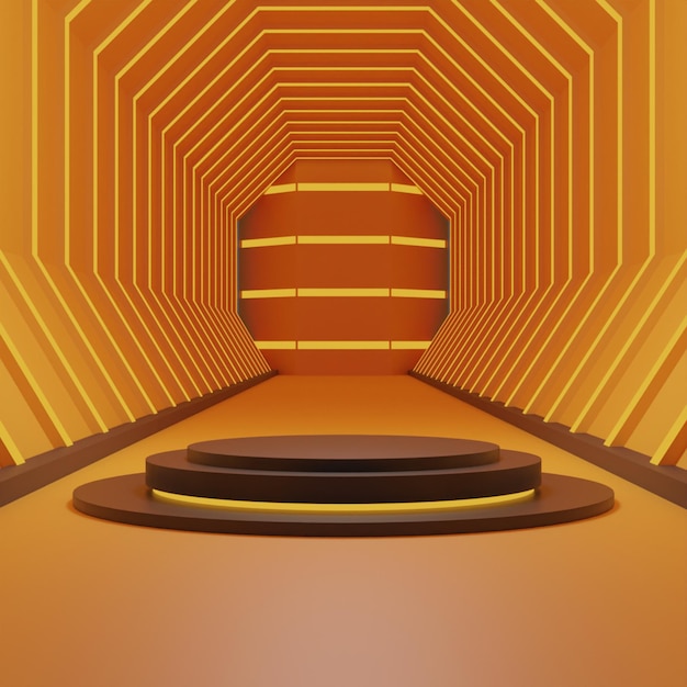 3D render korytarz czarny podium na pomarańczowym tle