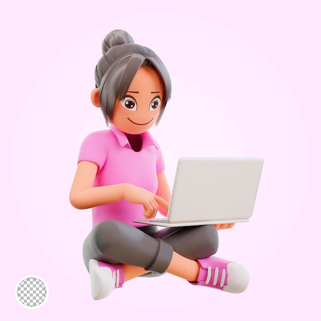 3d render ładna dziewczyna siedzi ze skrzyżowanymi nogami trzymaj laptopa studiując w domu podekscytowana ucz się nowych informacji stud