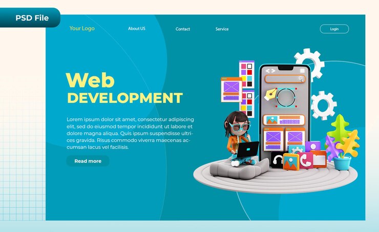 PSD 3d render landing page mobile application development illustration