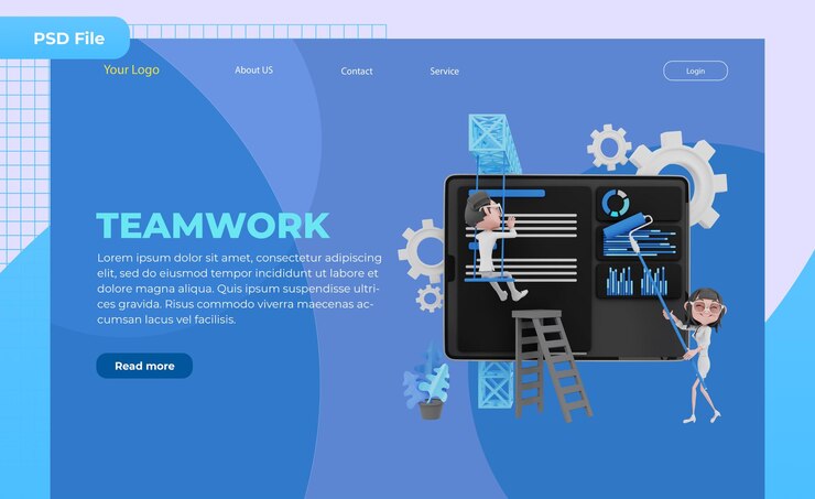 PSD 3d render landing page teamwork illustration
