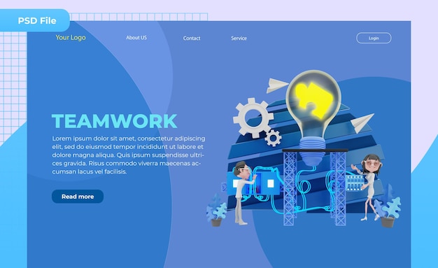 PSD 3d render landing page teamwork illustration