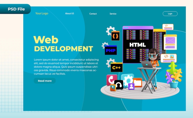 PSD 3d render landing page  web development illustration