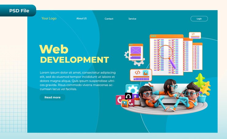 PSD 3d render landing page website coding illustration