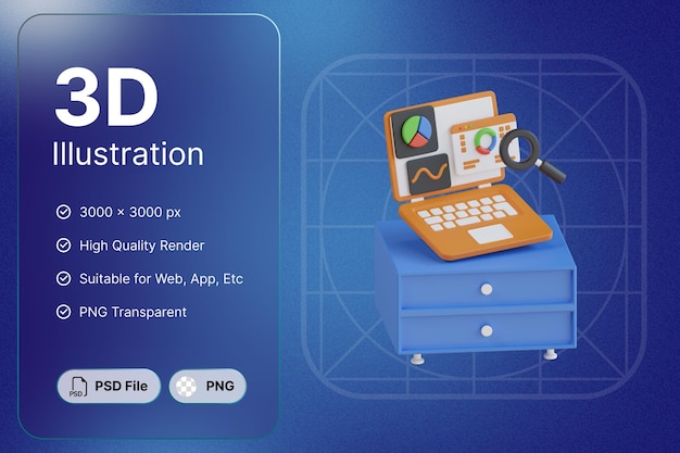 PSD 3d render laptop grafico ricerca bussiness oggetto interattivo