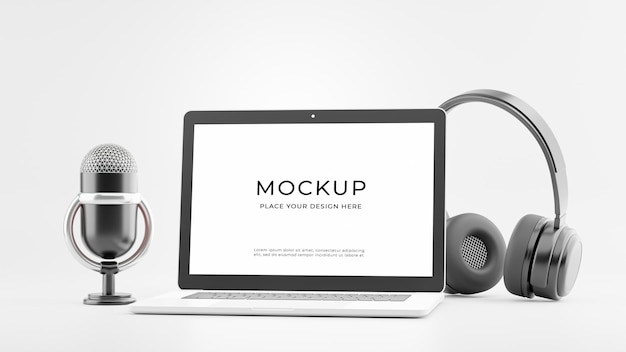 PSD rendering 3d delle cuffie con microfono per laptop con mockup di concetto di padcast