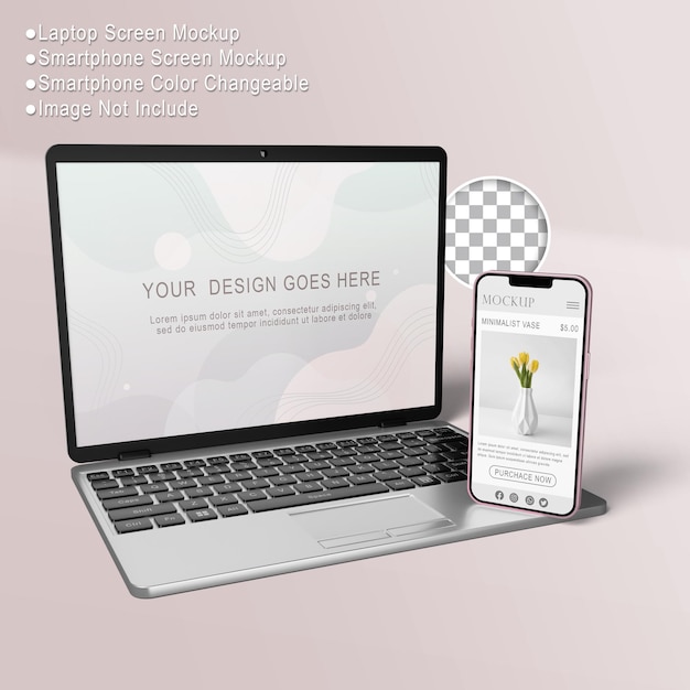 PSD mockup dello schermo del laptop con rendering 3d con mockup dello schermo dello smartphone