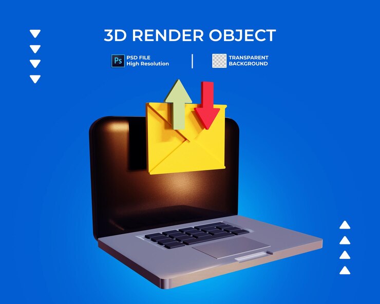 PSD 노트북 보내기 및 격리 메일 아이콘을받을 3d 렌더링