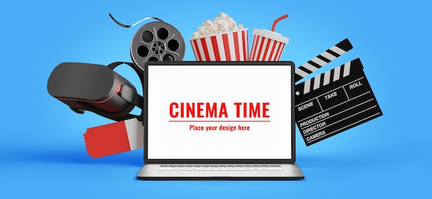 3d render of laptop with cinema time on blue background