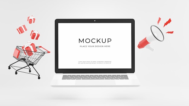 PSD 3d render of laptop with shopping time concept mockup design