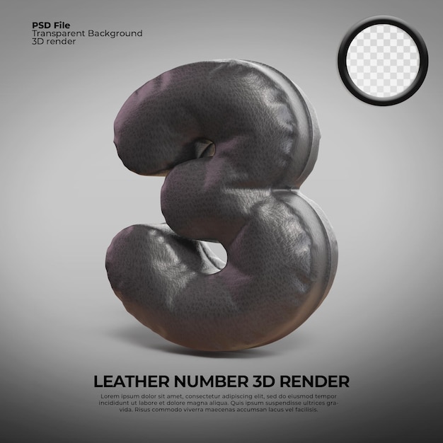 3d render leather number 3 black color