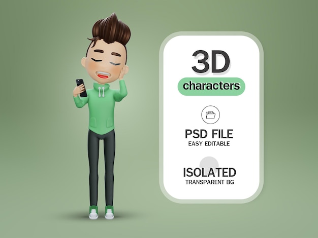 3D render Leuke jongen leest verrassend bevredigend bericht in smartphone