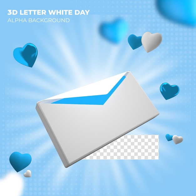 PSD 3d render list miłosny na biały dzień z niebieskimi sercami