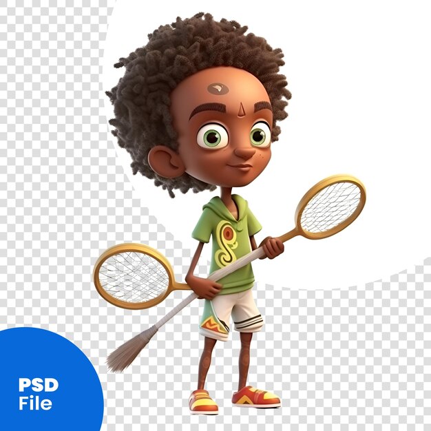 PSD rendering 3d del ragazzino afroamericano con modello psd di racchetta da badminton