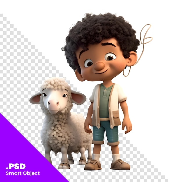PSD 3d render of little african american boy with a sheep on white background psd template