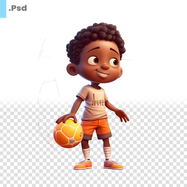 PSD 3d render of a little african american boy with a soccer ball psd template