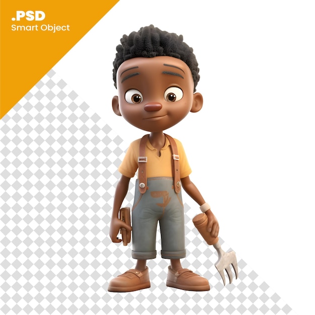 PSD 3d render of a little african-american boy with a tool psd template