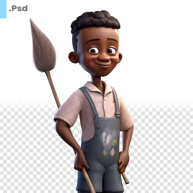 Render 3d di little african american cleaner con un modello psd broom