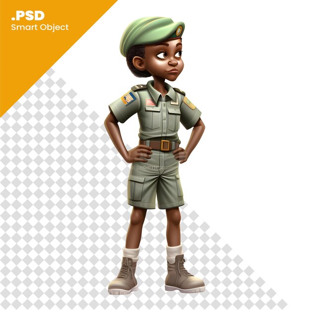 PSD render 3d di una piccola ragazza afroamericana in uniforme militare su sfondo bianco modello psd