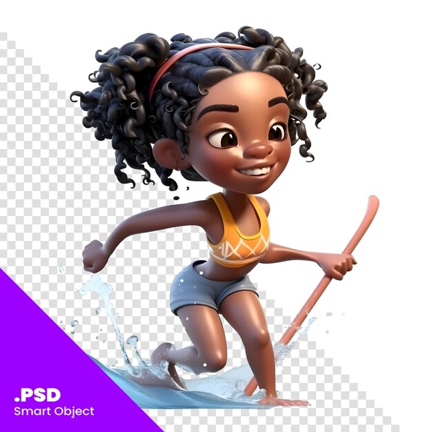 3d render of a little african american girl on a surfboard psd template