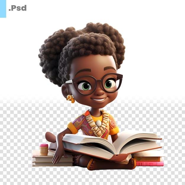 PSD 3d render of a little african girl reading a book isolated on white background psd template