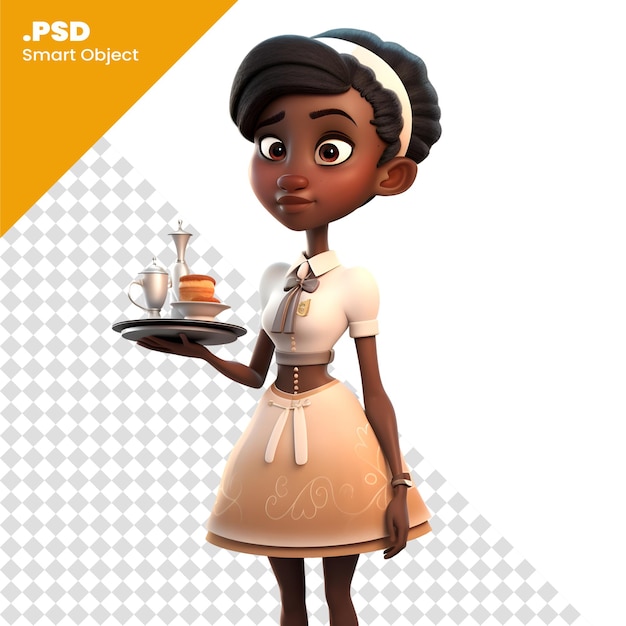 PSD rendering 3d di una bambina africana con modello psd di teiera e torta