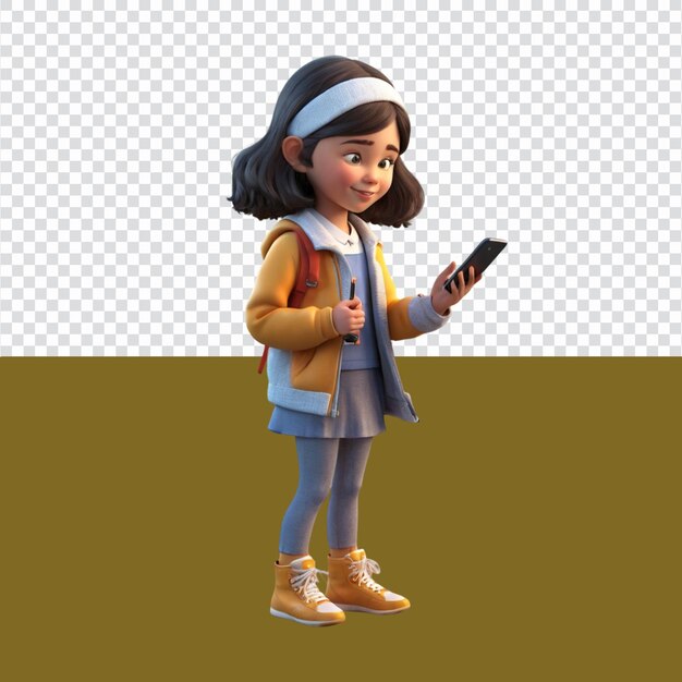 3D Render of a Little Asian Girl with a backpack and mobile phone