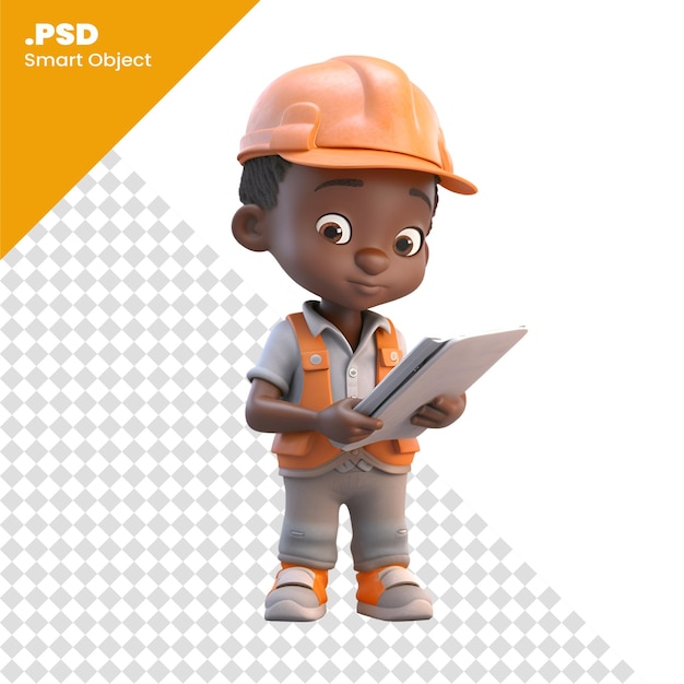 3d render of a little boy construction worker with a tablet pc psd template