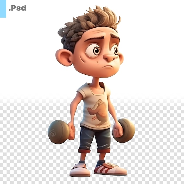 ダンベルでフィットネスをしている小さな男の子の 3 D レンダリング PSD テンプレート