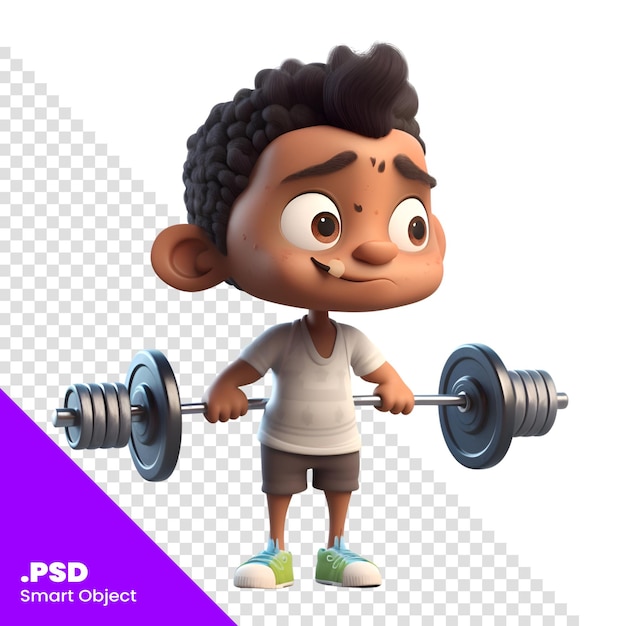 PSD 3d render of a little boy exercising with a barbell isolated on white background psd template