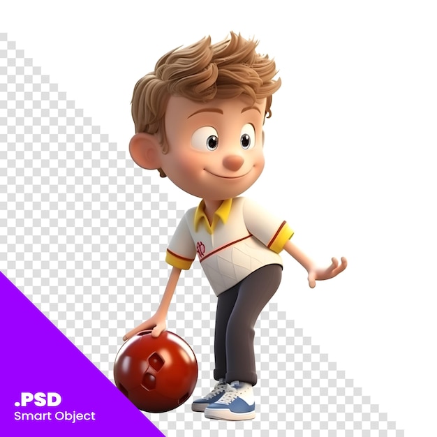 PSD render 3d di un ragazzino che gioca a bowling isolato su sfondo bianco modello psd
