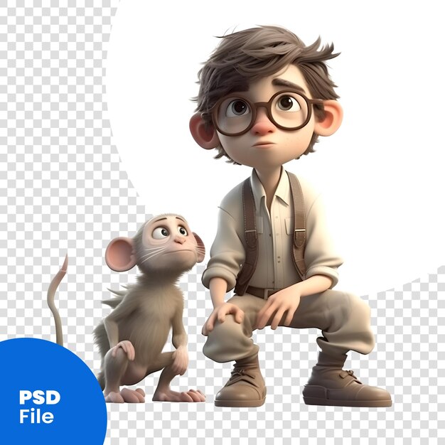 PSD 3d render of a little boy and a rat isolated on white psd template