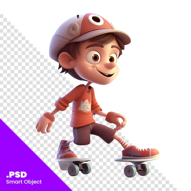 PSD 3d render of a little boy on roller skate with helmet psd template