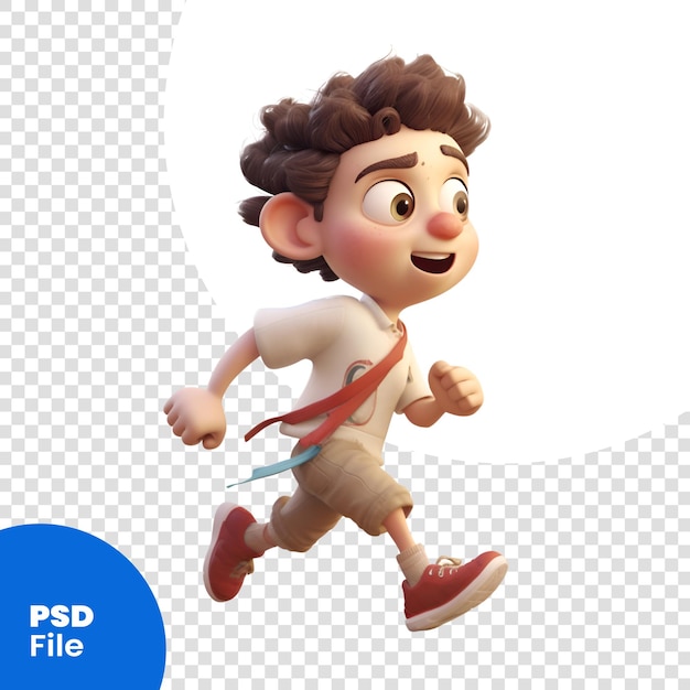 PSD rendering 3d di un ragazzino che corre isolato su sfondo bianco modello psd