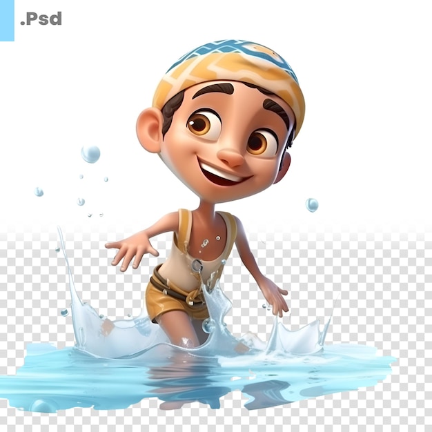 Rendering 3d di un ragazzino che nuota nell'acqua con il modello psd del tracciato di ritaglio