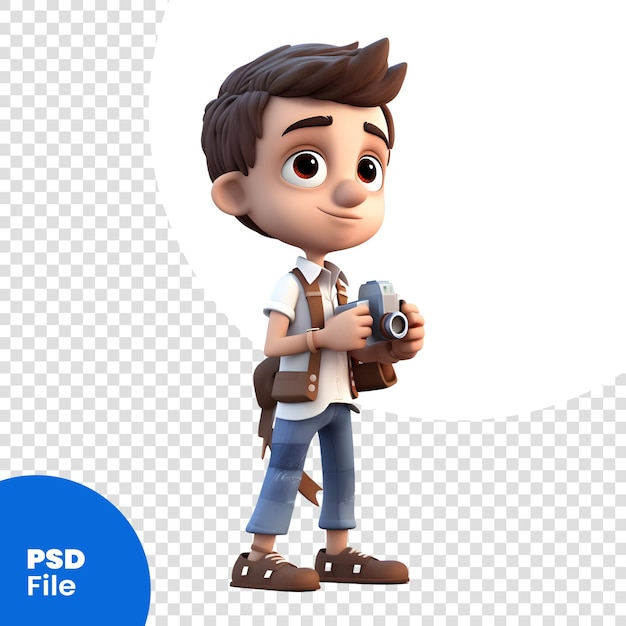 3D Render of Little Boy with backpack and camera on white background PSD template