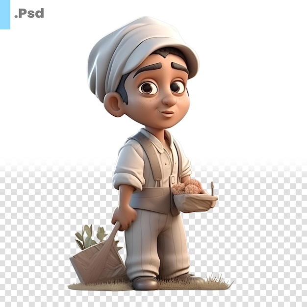 3d render of little boy with a basket of cacti psd template