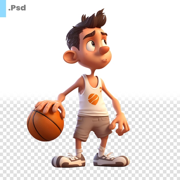 PSD 3d render of a little boy with basketbalballl psd template