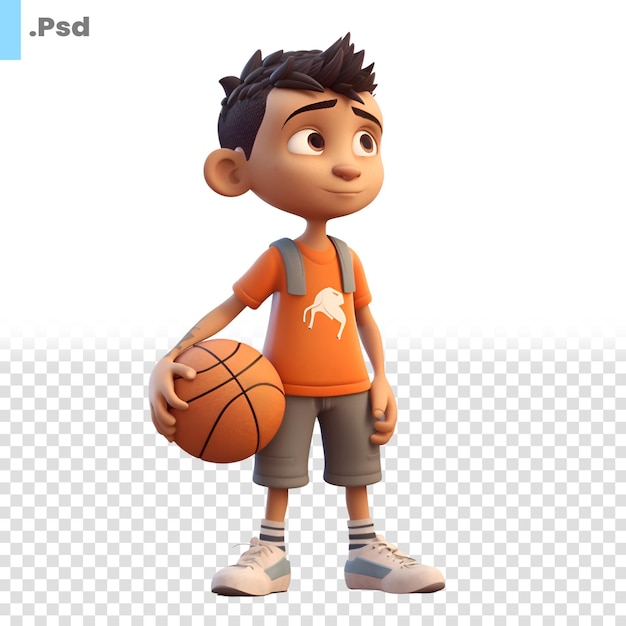 PSD 3d render of a little boy with basketball on a white background psd template