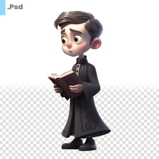 PSD render 3d di un ragazzino con un libro nelle mani modello psd