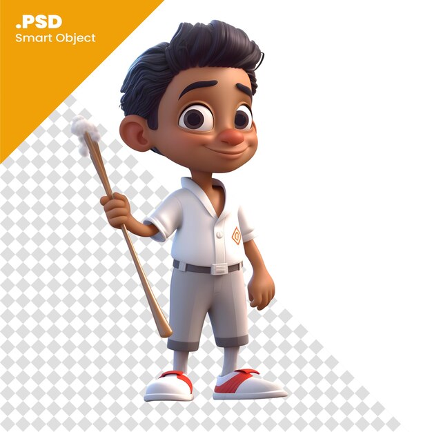 PSD render 3d di little boy con pennello di pulizia e modello psd di sfondo bianco