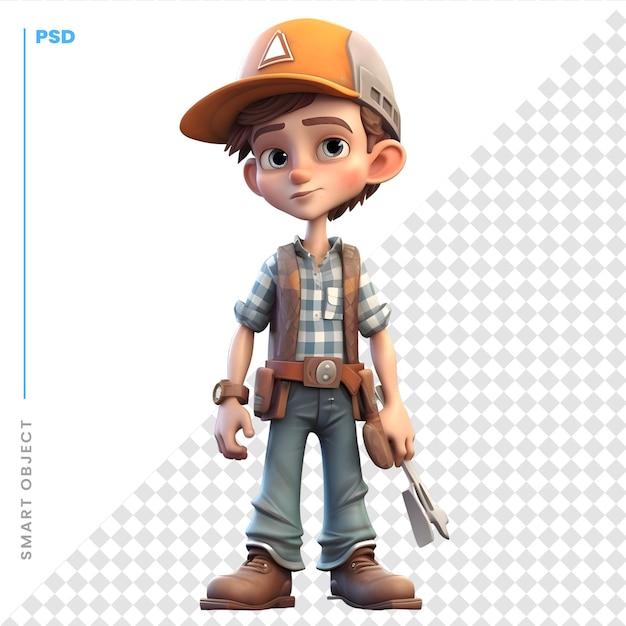 PSD rendering 3d di un ragazzino con strumenti di costruzione su sfondo bianco