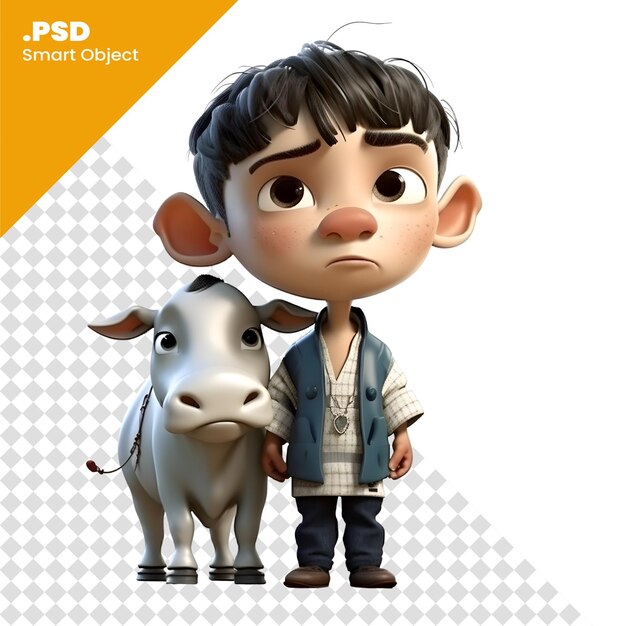 PSD 3d render of a little boy with a cow on a white background psd template